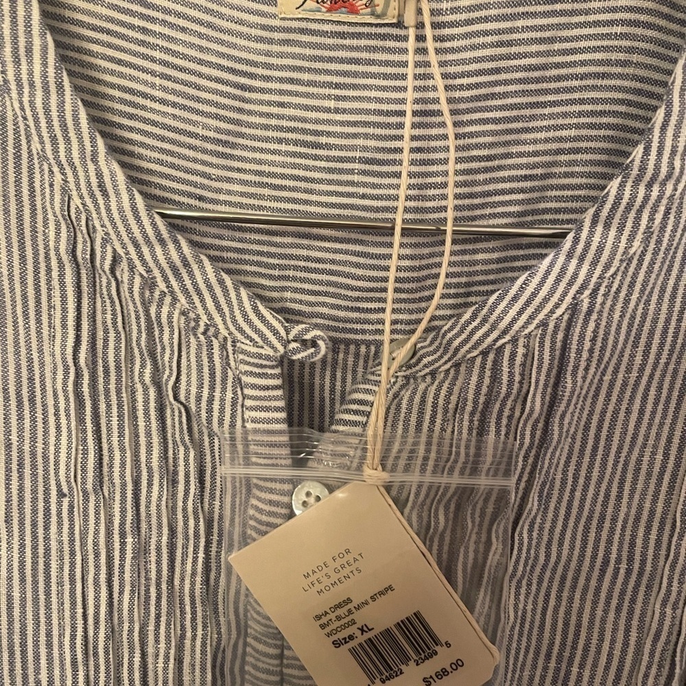 Faherty Isha Gingham Dress Linen: Blue Mini Stripe Size XL NWT - Picture 6 of 7
